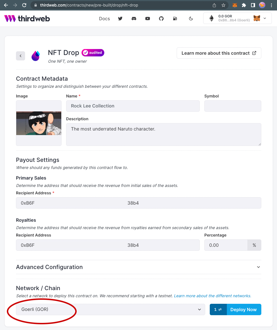 Change test network to rinkeby when deploying a NFT drop smart contract using thirdweb